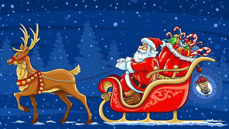 Santa Claus On Sled With Gifts In Blue Sky Background Santa Claus, HD wallpaper