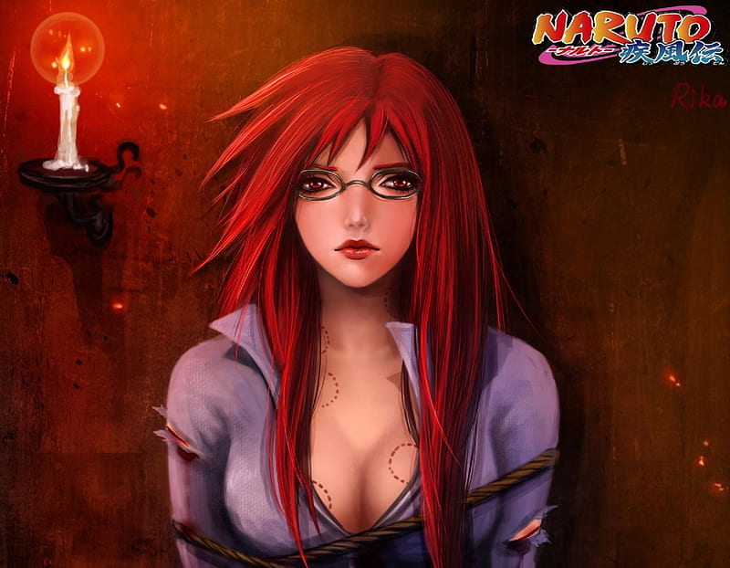 Karin, candle, glasses, red hair, hostage, naruto shippuden, anime, wounds, red eyes, HD wallpaper