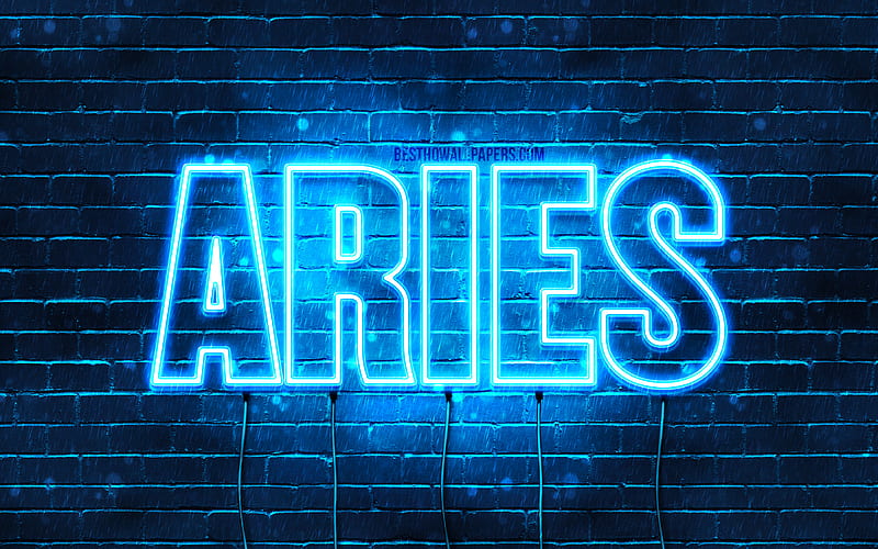 Aries with names, horizontal text, Aries name, Happy Birtay Aries, blue neon lights, with Aries name, HD wallpaper