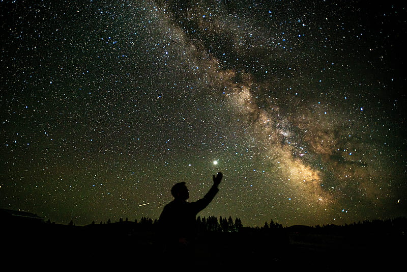man, silhouette, starry sky, stars, night, HD wallpaper