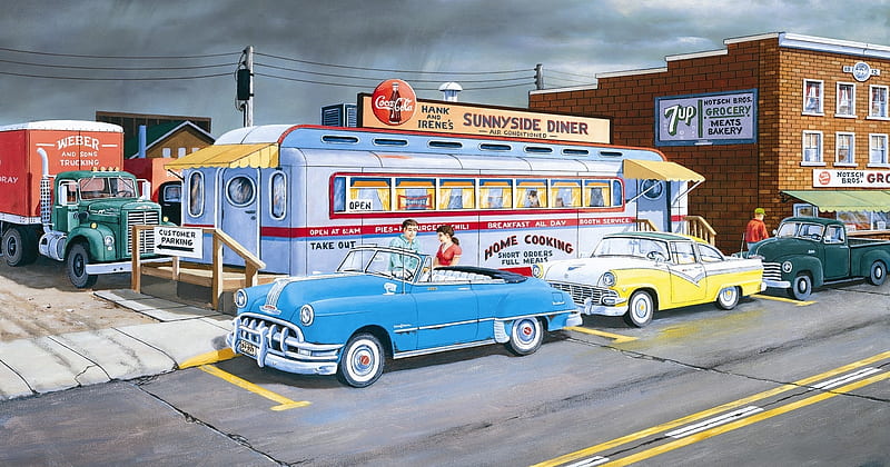 Sunnyside Diner, retro, carros, painting, oldie, diner, vintage, HD wallpaper