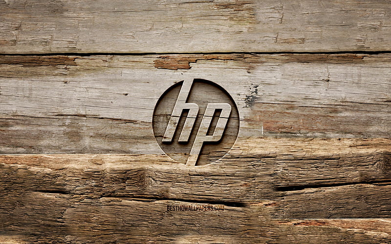 HP wooden logo Hewlett-Packard, wooden backgrounds, brands, HP logo, creative, wood carving, Hewlett-Packard logo, HP, Hewlett-Packard wooden logo, HD wallpaper