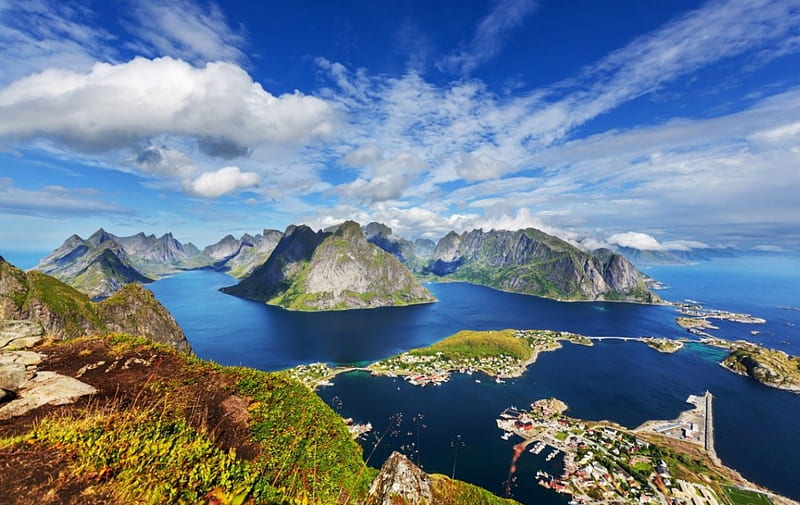 Lofoten, Norway, cloud, bonito, sky, lake, lofoten, mountain, snow, nature, river, Norway, landscape, HD wallpaper