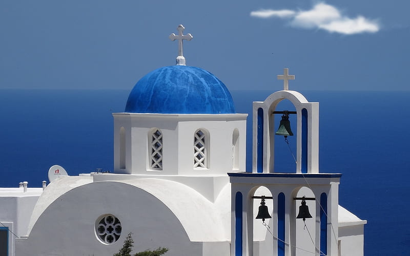 Church in Santorini, Greece, Greece, Santorini, white, church, blue, bells, HD wallpaper