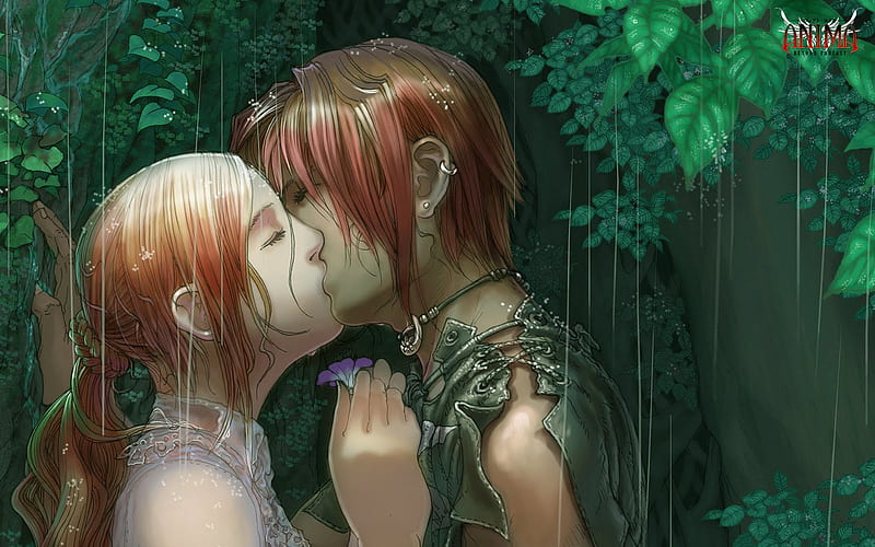 Kissing-in-the-rain, green, anime, rain, trees, kiss, couple, other, HD  wallpaper | Peakpx