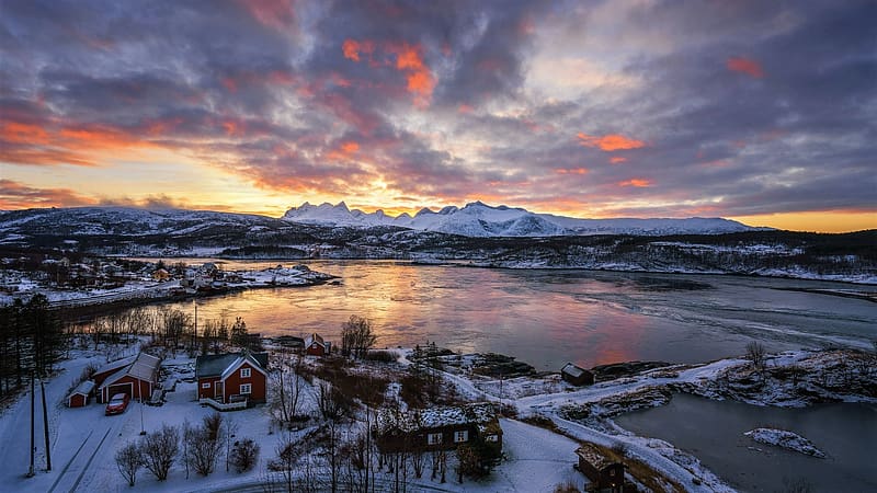 Winter, Sunset, Snow, Mountain, Lake, Village, Norway, , Lofoten, HD wallpaper