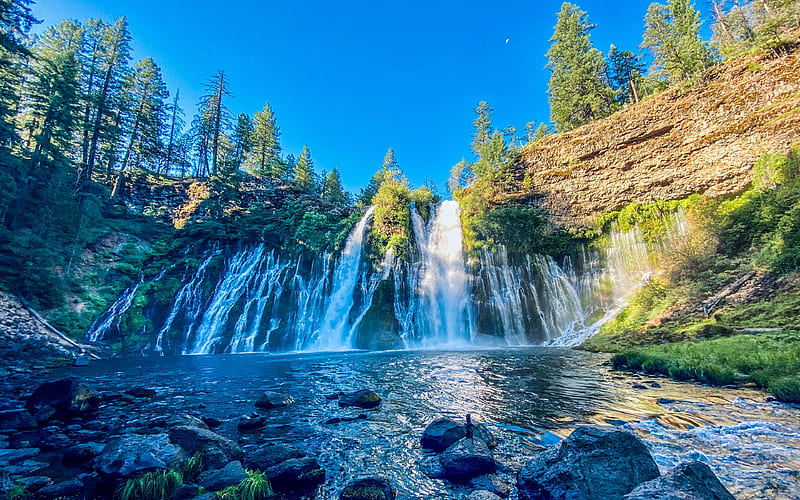 Burney Falls, McArthur-Burney Falls Memorial State Park, California, stones, cascade, sky, usa, trees, HD wallpaper