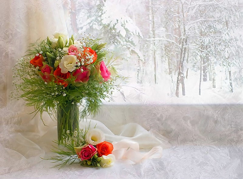 Still life, red, colorful, special, vase, bonito, graphy, beauty, season, window, colors, soft, roses, trees, abstract, winter, snow, white, HD wallpaper
