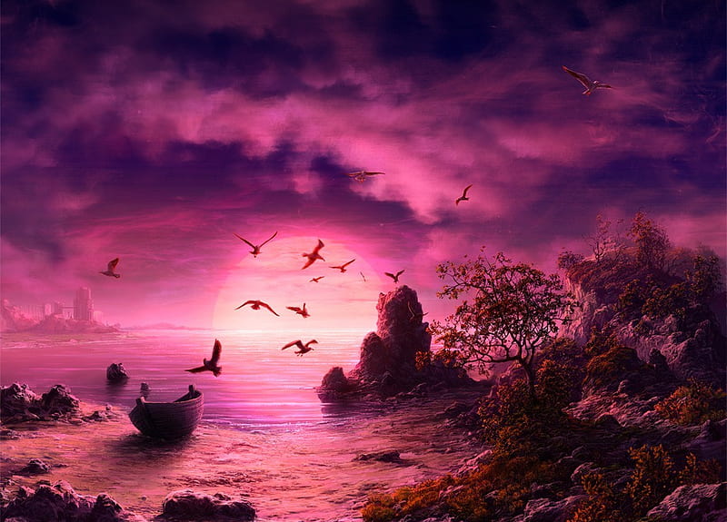 Gulls, rocks, sunlights, scarlet, 3d and cg, sunset, clouds, cenario, beach, afternoon, nice, fantasy, stones, boat, boats, scenario, cities, forests, waterscape, evening, solitarus, rivers, sunrises, art, moons, islands, dawn, houses, ocean, birds, sky, abstract, lagoons, panorama, water, cool, beaches, moonlights, purple, digital, violet, hop, bay, white, landscape, red, moon, sunsets, scenery, light, blue, animals, night, lakes, colors, mind teasers, leaf, plants, nature, coast, natural, scene, scarlat, HD wallpaper