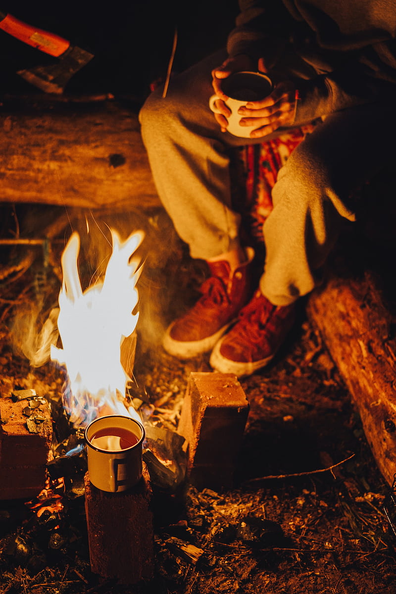 bonfire, mug, tea, camping, rest, HD phone wallpaper