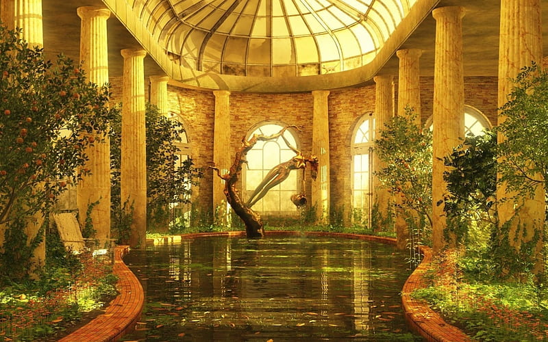 Hall, architecture, water, statue, plants, HD wallpaper