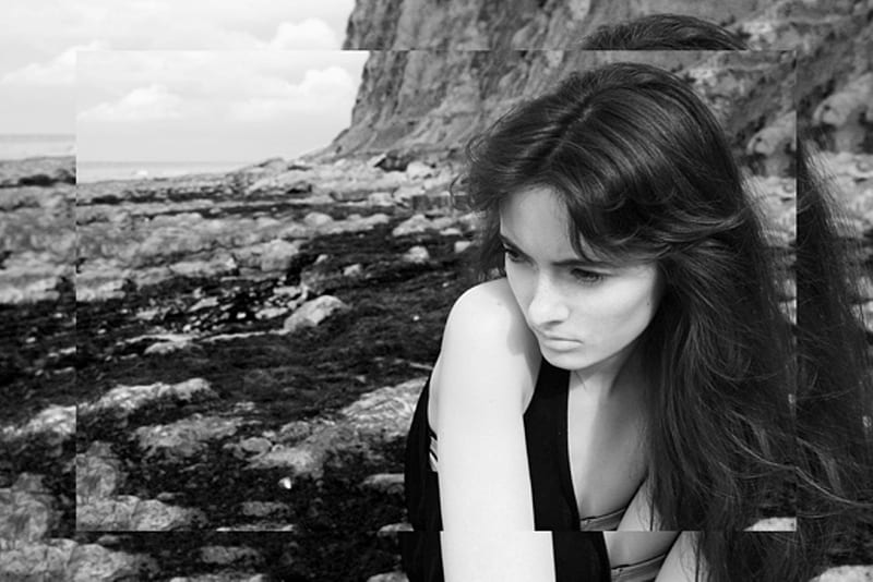 Clementine Levy, french, frame, pose, black and white, graphy, graph, female, pic, model, wall, girl, landscape, HD wallpaper