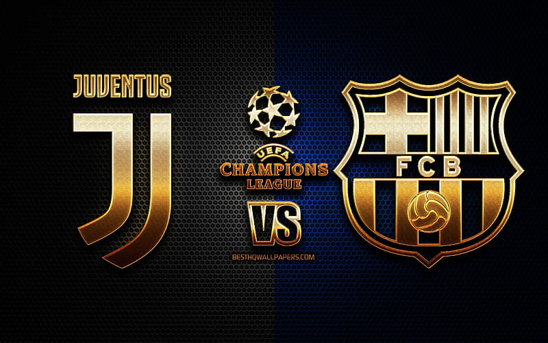 Juventus vs Barcelona, season 2020-2021, Group G, UEFA Champions League, metal grid backgrounds, golden glitter logo, FC Barcelona, Juventus FC, UEFA, HD wallpaper