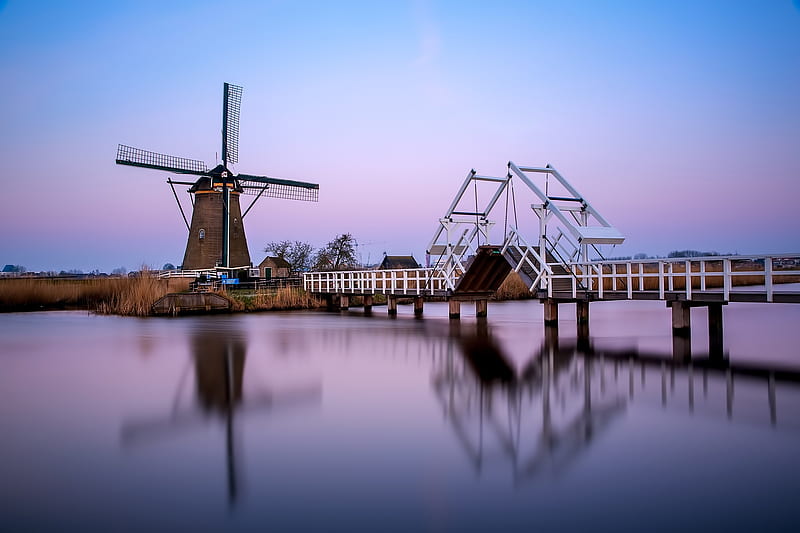 Buildings, Windmill, Bridge, Kinderdijk, Museum, Netherlands, HD wallpaper