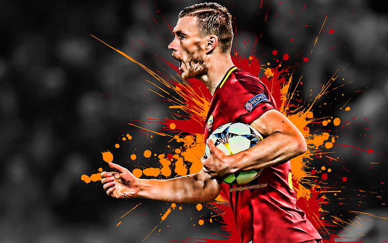 Edin Dzeko Bosnian football player, AS Roma, striker, red-orange paint splashes, creative art, Serie A, Italy, football, grunge, Dzeko, HD wallpaper