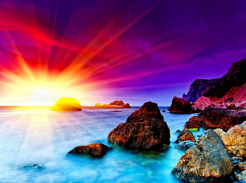 Sea rocks lit by the sun, rocks, red, colorful, shore, sun, lit, dazzling, shine, clouds, sea, beach, bright, reflection, light, blue, amazing, glowing, clear, ocean, colors, sky, water, rays, summer, nature, HD wallpaper