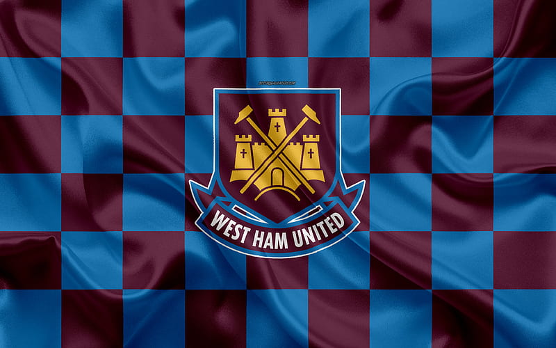 West Ham United FC logo, creative art, blue burgundy checkered flag, English football club, Premier League, emblem, silk texture, Stratford, United Kingdom, England, HD wallpaper