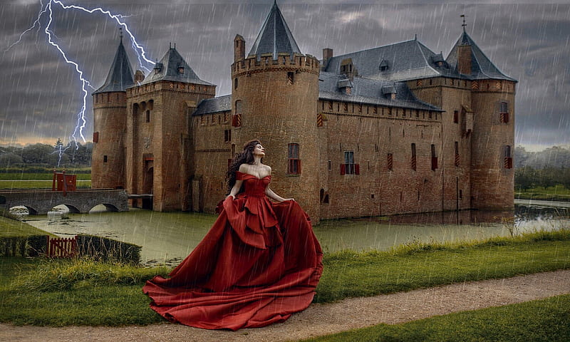 ~Escape~, Woman, castle, storm, lightening, escape, rain, gown, mistress, moat, medevil, HD wallpaper
