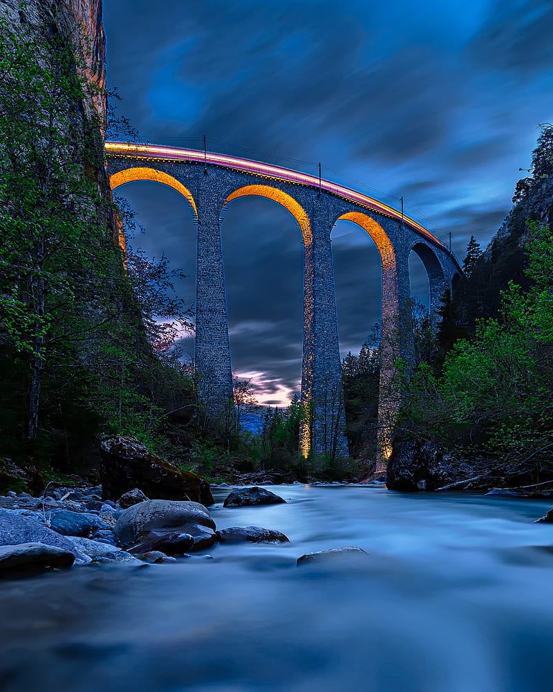 bridge, height, river, rocks, night, HD phone wallpaper