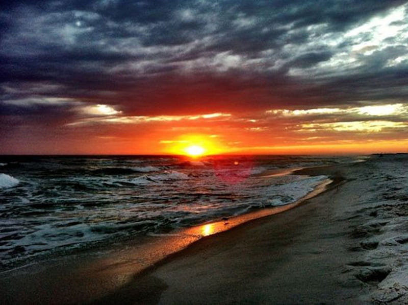 Okaloosa Beach, Florida, beach, nature, sunset, reflection, clouds, sky, HD wallpaper