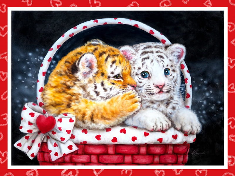 Love, pretty, children, tigers, bonito, kiss, sweet, wild, painting, animals, art, lovely, hug, cute, basket, heart, cats, HD wallpaper