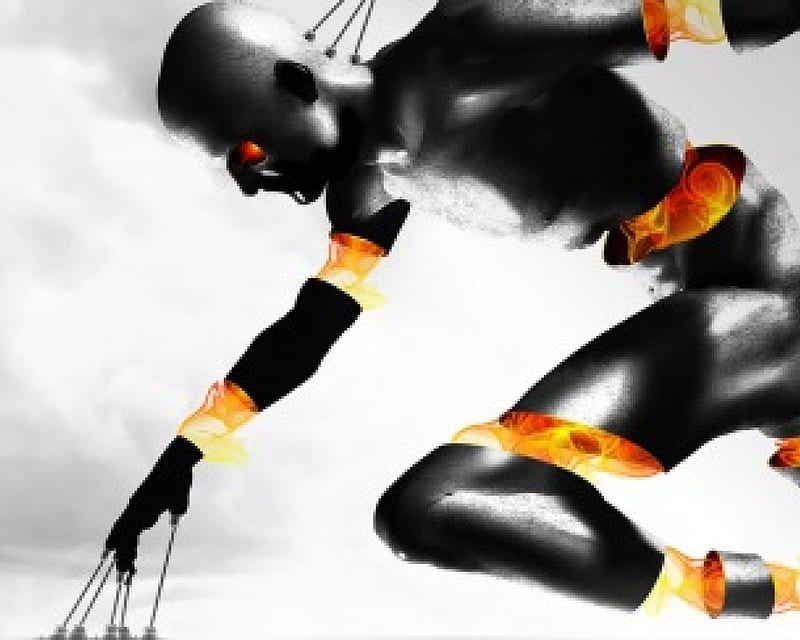Fire Cyborgfigure, human like, fire, 3d, robot, HD wallpaper