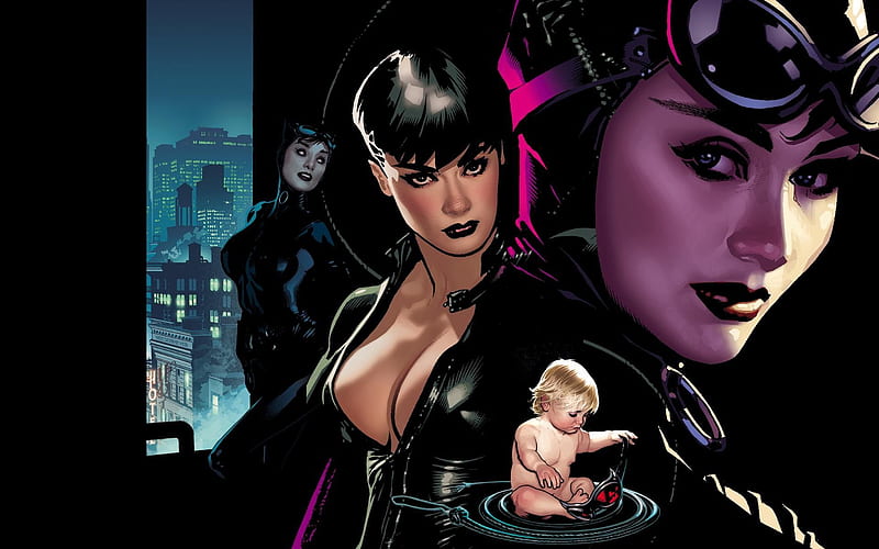 Catwoman, Adam Hughes, black background, comics, montage, illustration, dc comics, HD wallpaper
