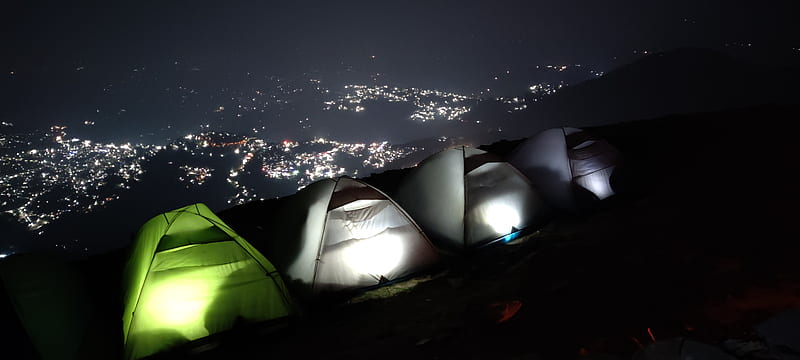 night view, citylights, fantasy, landscape, moon, mountains, graphy, stars, tents, triund, HD wallpaper