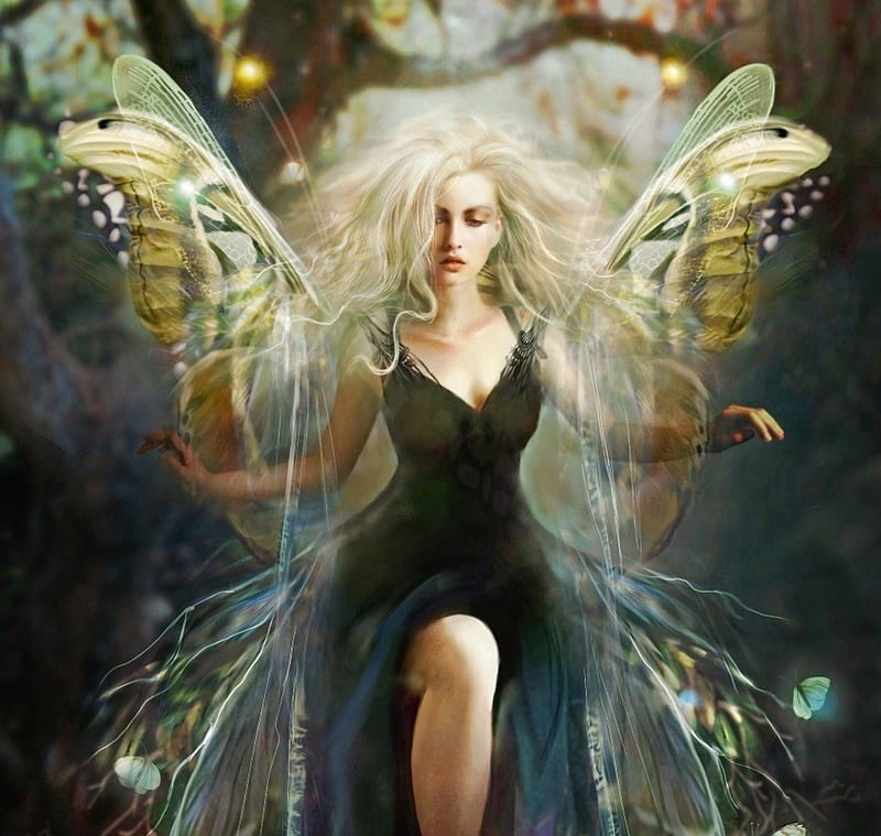 Fairy, art, wings, fantasy, bente schlick, girl, luminos, yellow, black, HD wallpaper
