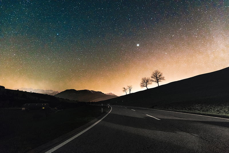 Sky Full Of Stars Road Down To Hill , stars, sky, road, nature, mountains, HD wallpaper