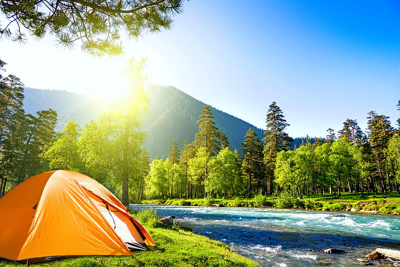 Tent camping, rest, forest, glow, grass, camping, sunlight, tent, trees, picnic, mountain, rays, summer, river, sunshine, HD wallpaper
