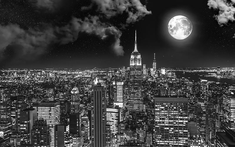 Manhattan, moon, New York, monochrome, NYC, nightscapes, NY, USA, America, HD wallpaper