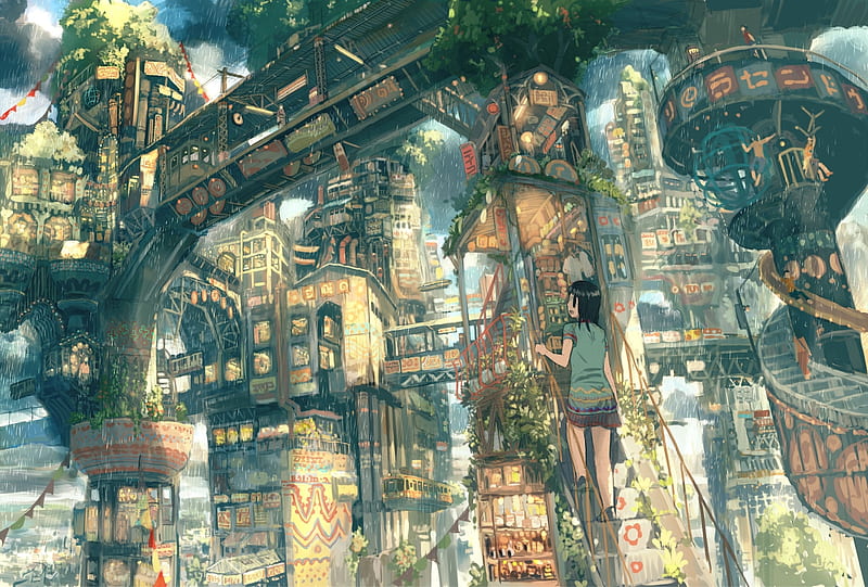Anime steampunk city, raining, people, crowd, scenery, Anime, HD wallpaper  | Peakpx