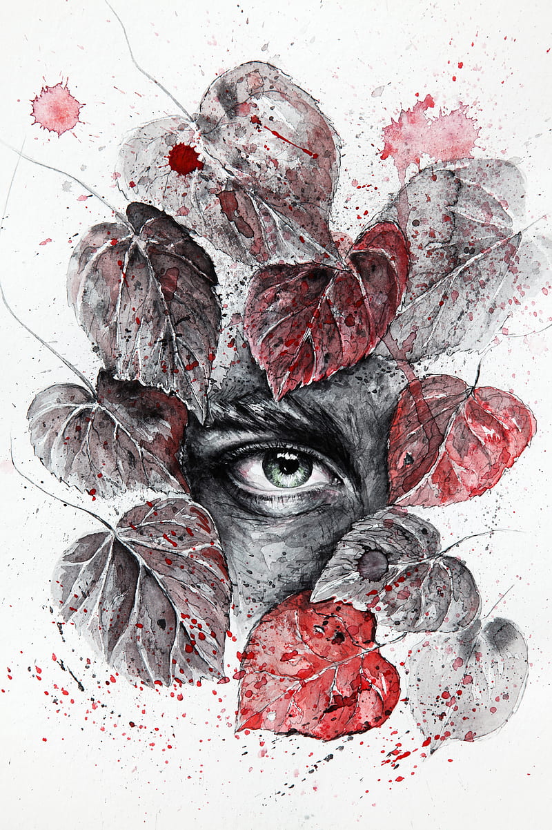 Watercolor art, autumn, eye, illustration, leaves, nika akin, painting, HD phone wallpaper