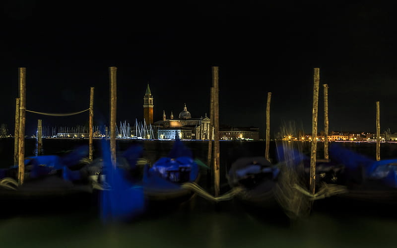 Venice, night, boats, St Marks Basilica, Bell tower, Italian city, Italy, HD wallpaper