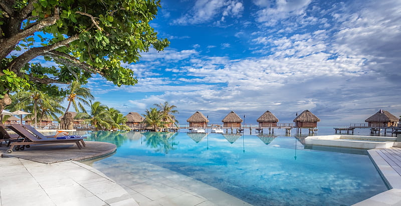 Manava Beach Resort, Moorea, huts, Tahiti, clouds, sky, palms, HD wallpaper