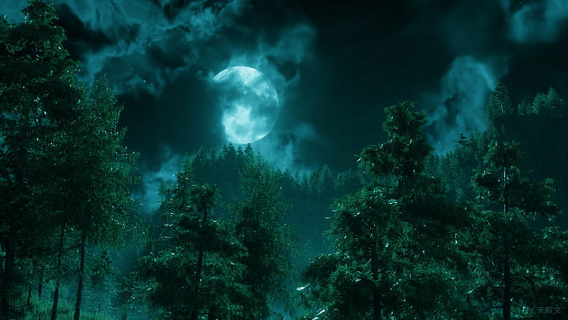 Moonlight, luminos, song xuwen, blue, night, forest, cloud, moon, tree, fantasy, moon, green, HD wallpaper