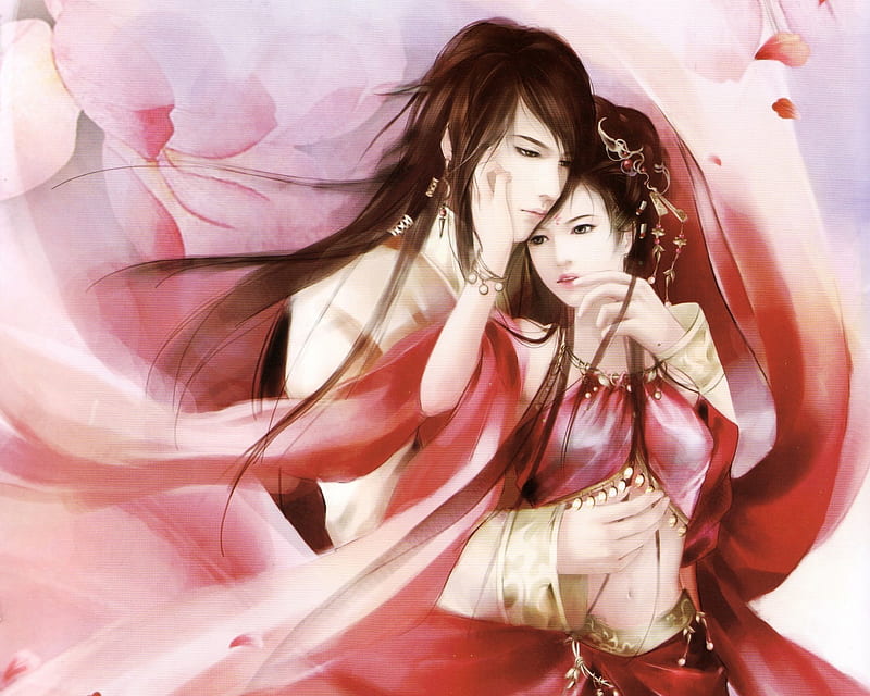 Chinese Romance, red, adore, bonito, sublime, elegant, sweet, love, beauty, long hair, couple, gorgeous, female, male, lovely, romantic, romance, brown hair, china, amour, hug, boy, girl, oriental, lover, petals, chinese, lady, maiden, HD wallpaper
