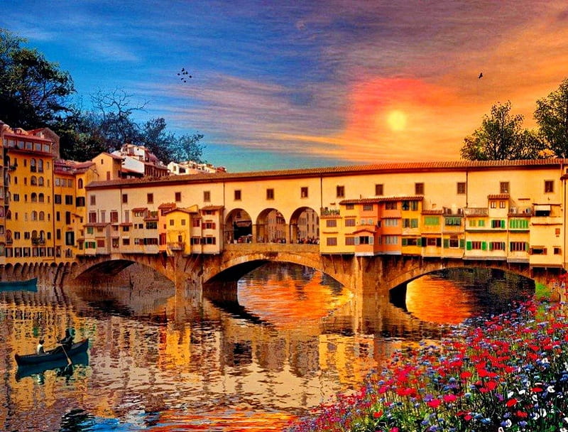 Romantic Italy, shore, sun, bonito, sunset, clouds, europe, nice, boat, bridge, flowers, river, reflection, italy, amazing, hotel, lovely, romantic, houses, town, firenze, sky, waters, summer, nature, HD wallpaper