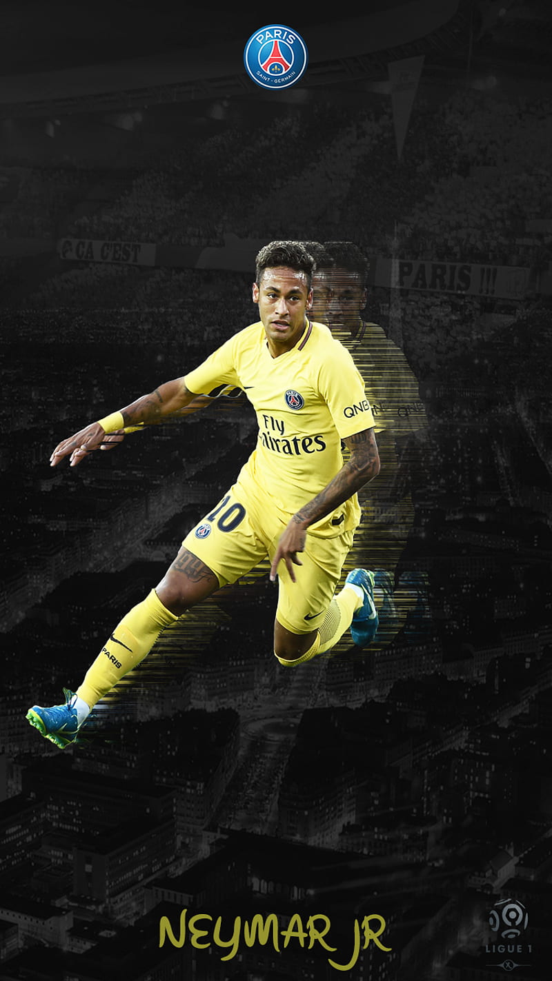 Neymar PSG, 10, champions leage, jaune, ligue, ligue 1, maillot, neymar au psg, paris, saint, HD phone wallpaper