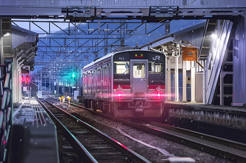 Anime, Original, Railroad, Snow, Train, Train Station, HD wallpaper