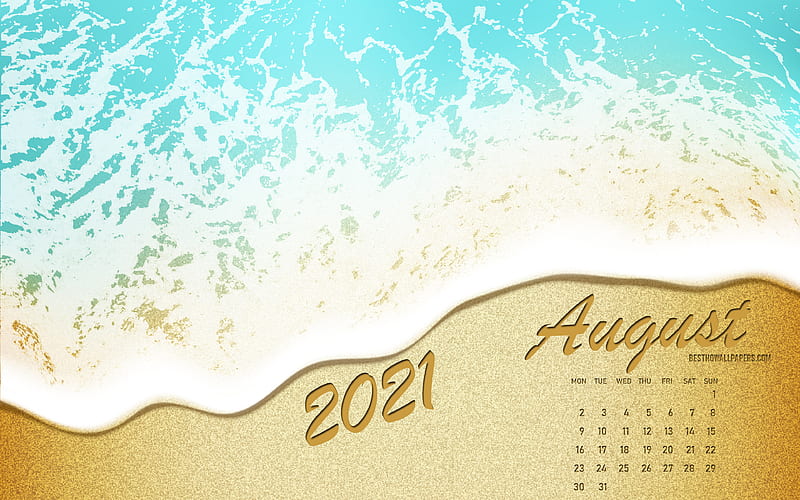 2021 August Calendar, sea coast, beach, 2021 summer calendars, sea, sand, August 2021 Calendar, summer art, August, HD wallpaper