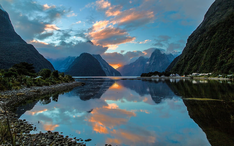 new zealand, milford sound, reflection, clouds, Landscape, HD wallpaper
