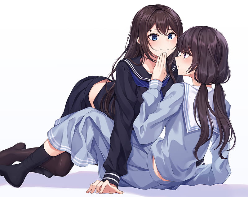 Mobile wallpaper: Anime, Kiss, Blue Eyes, Original, School Uniform, Yuri,  1365806 download the picture for free.