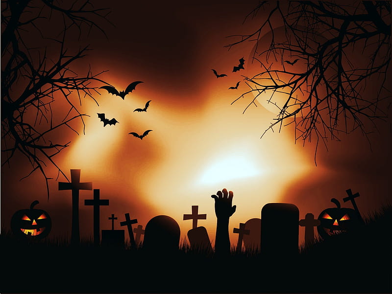 Spooky Graveyard, Fall, bats, jack o lanterns, cemetery, tombstones, arm, trees, graves, moon, full moon, hand, graveyard, Halloween, Autumn, pumpkins, HD wallpaper