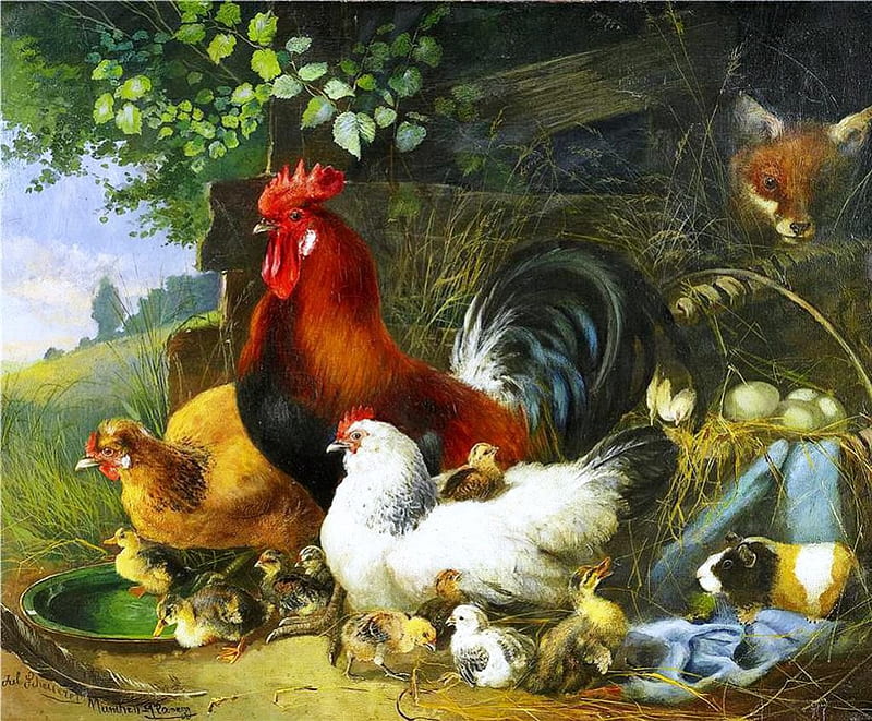 Beware of the Fox !, tree, hens, painting, chicks, artwork, HD wallpaper