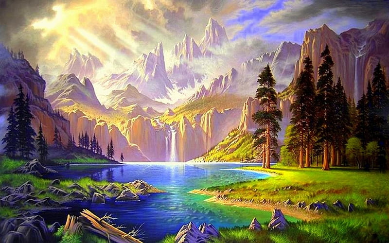 ✫Paradise on Earth✫, stunning, attractions in dreams, bonito, paintings, landscapes, scenery, rivers, colors, love four seasons, creative pre-made, trees, waterfalls, paradise, mountains, summer, nature, paranomic view, HD wallpaper