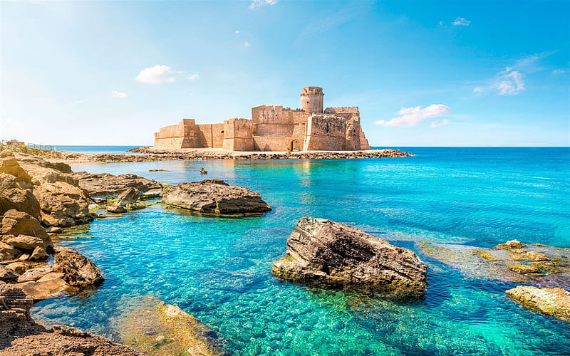 The Pearl of Ionio, old fortress, Le Castella, Ionian Sea, summer, seascape, Isola di Capo Rizzuto Calabria, Italy, HD wallpaper