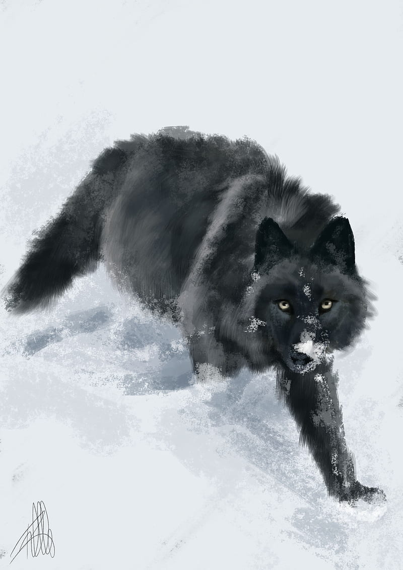 wolf, snow, art, animal, black, HD phone wallpaper