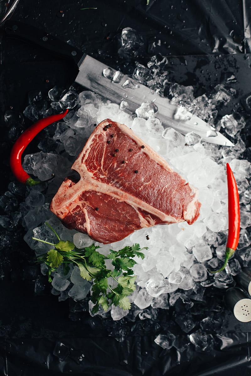 raw meat on ice with coriander and chilis, HD phone wallpaper